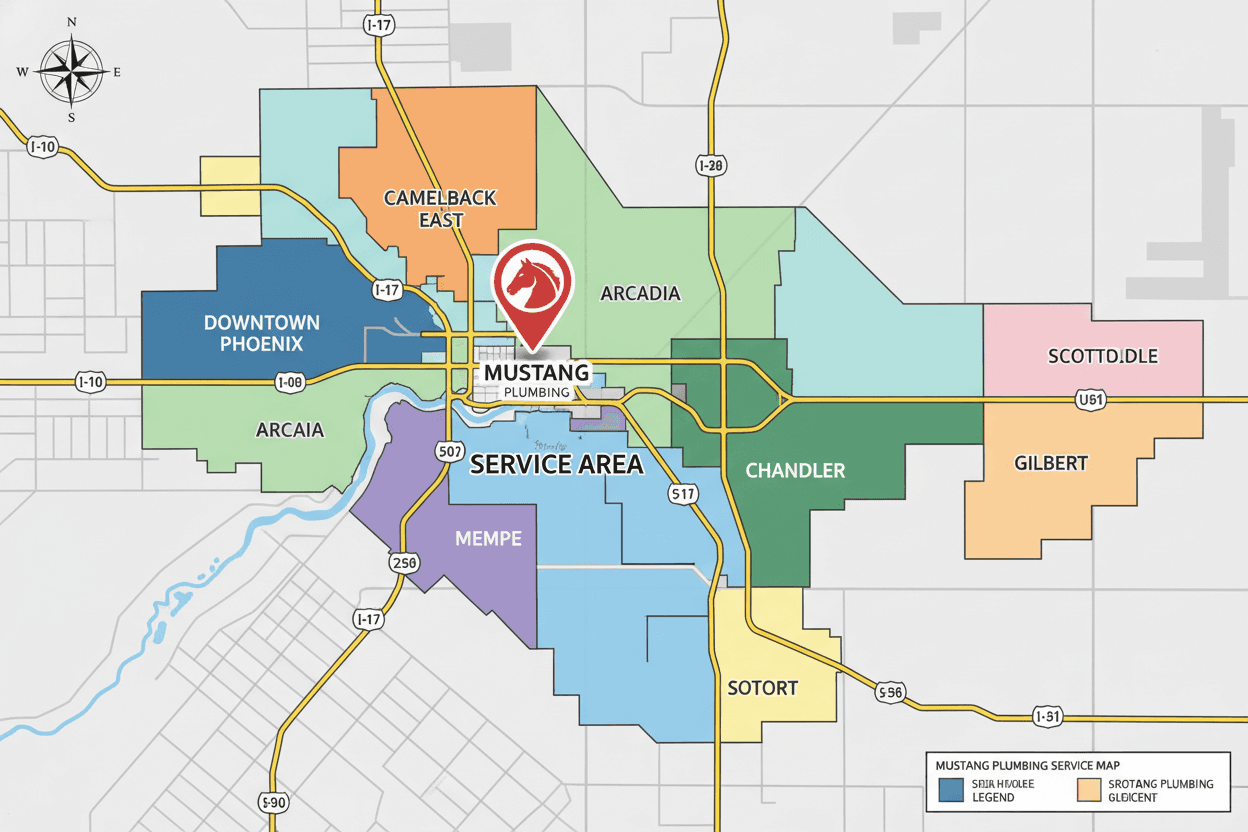 Mustang Plumbing service area coverage map for Phoenix and surrounding areas